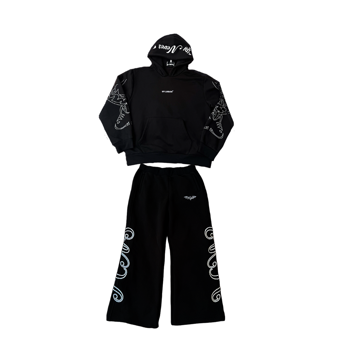 97 URBAN BASICS TWO PIECE HOODIE SET BLACK